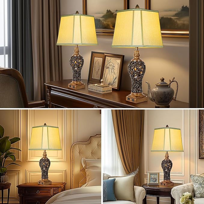 32'' Tall Rustic Vintage Table Lamps Set of 2 with Night Lights - Bedside Lamp with Faux Silk Shades for Bedroom and Living Room with 2 USB Charging Ports,Rustic Lamps for Living Room(Bulb Included)-CasaMuseHome