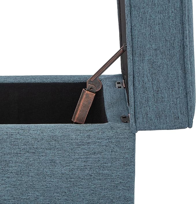 Adeco 17" Square Ottoman with Storage, Small Blue Storage Ottoman Foot Rest with Hinged Lid & Solid Wood Legs, Linen Fabric Foot Stool for Living Room & Bedroom-CasaMuseHome