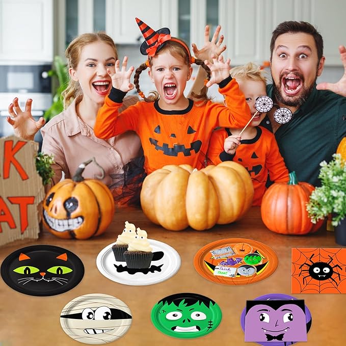 105PCS Halloween Paper Plates Ghosts Pumpkin Skull Spider Web Design for Halloween Party Decorations Supplies, Serves 30-CasaMuseHome