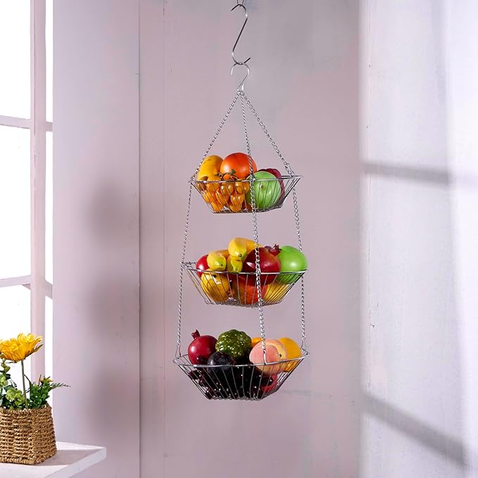 3-Tier Wire Fruit Hanging Basket 2 Packs, non-Punching Wall Hanging Storage, Kitchen Bathroom Organization Basket, Suitable for Bathroom, Kitchen, Closet, Garden, Chrome-CasaMuseHome