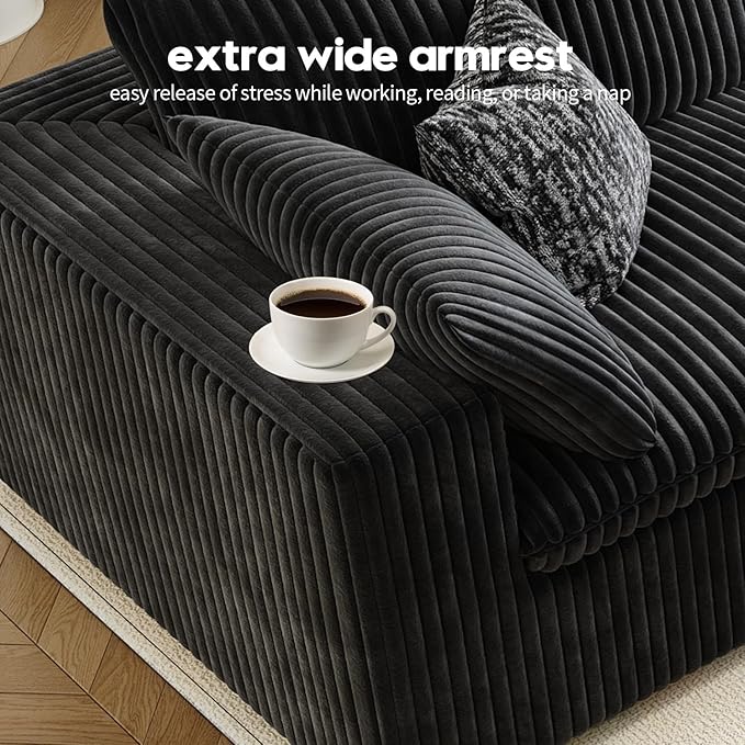 157.5" Cloud Couch Modular Sectional Sofa for Living Room,Modern Sofa with Deep Seat,4 Seater Boneless Couch,Comfy Upholstered Corduroy Couches for Apartment, Studio, Office,Bedroom,Black-CasaMuseHome