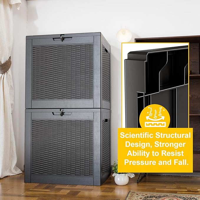 30 Gallon Wicker Pattern Resin Deck Box, Lockable Patio Outdoor Storage Box for Furniture, Garden Tools and Tools Storage, Waterproof Outside Storage Box - Black Rattan-CasaMuseHome