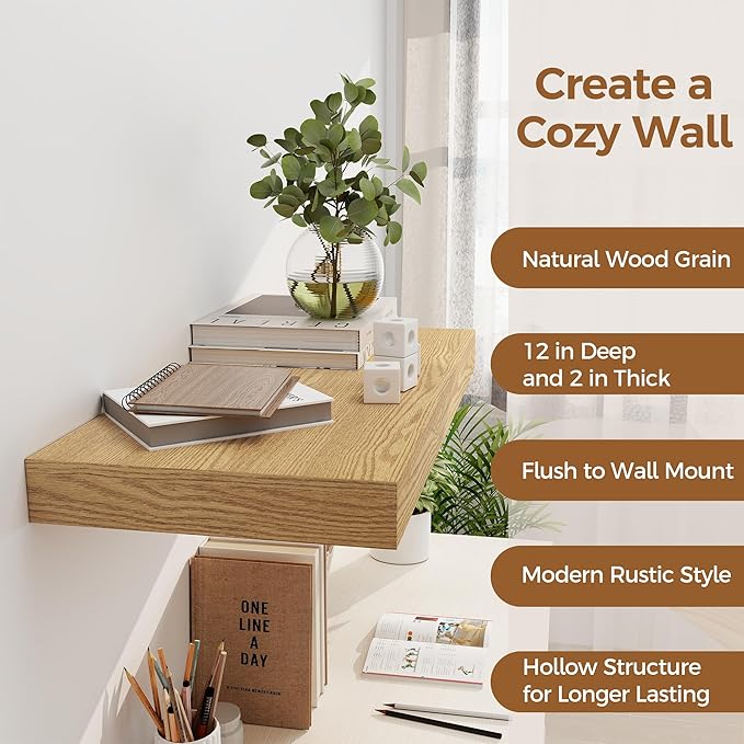 12 Inch Deep Floating Shelves, 24 x 12 Floating Shelf for Books, Rustic Wood Deep Wall Shelves for Home Storage & Display, 2" Thicked Shelves for Kitchen, Living Room, Bedroom, Oak Color, 2 Pack-CasaMuseHome