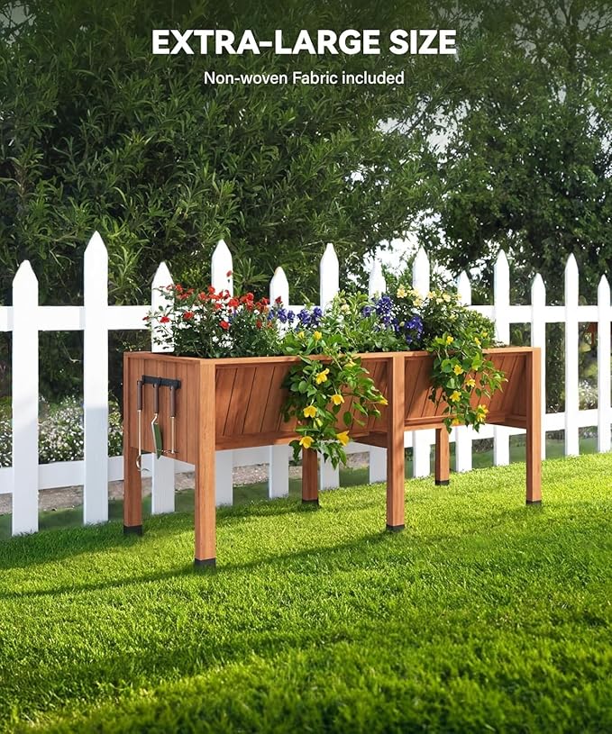 72x26x31 Inch Raised Garden Bed with Legs, 13.7In Depth Wooden Planter Box for Outdoor Growing Vegetables and Herbs, Elevated Garden Bed with Hooks for Backyard, Patio, Balcony-CasaMuseHome