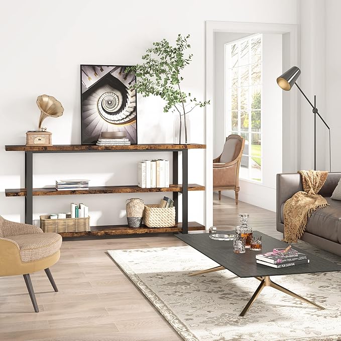 70.8 Inch Extra Long Console Table for Entryway, Narrow Hallway Table, Wood Sofa Table with 3 Tier Storage Shelves for Living Room-CasaMuseHome