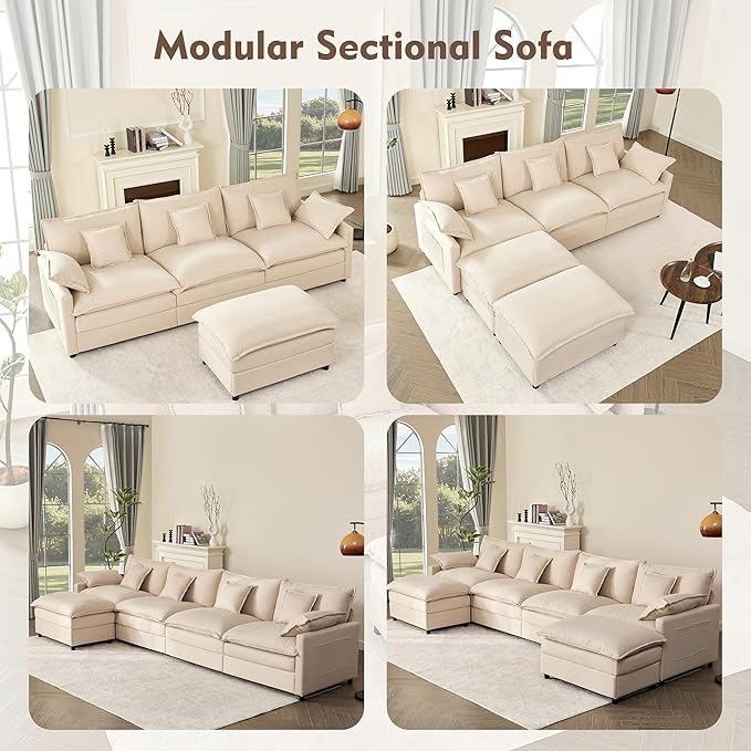 108" U Shaped Couch, Modular Sectional Sofa, 3-Seater Comfy Cloud Couch with Movable Ottoman, Deep Seat Couches for Living Room, Linen, Beige-CasaMuseHome