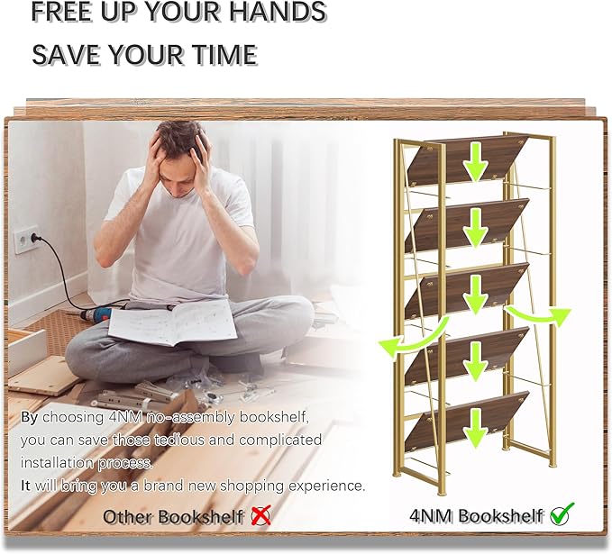 4NM No Assembly Foldable Bookshelf, 5-Shelf Collapsible Bookcase Storage for Small Spaces, 62.2" H, Brown and Golden-CasaMuseHome