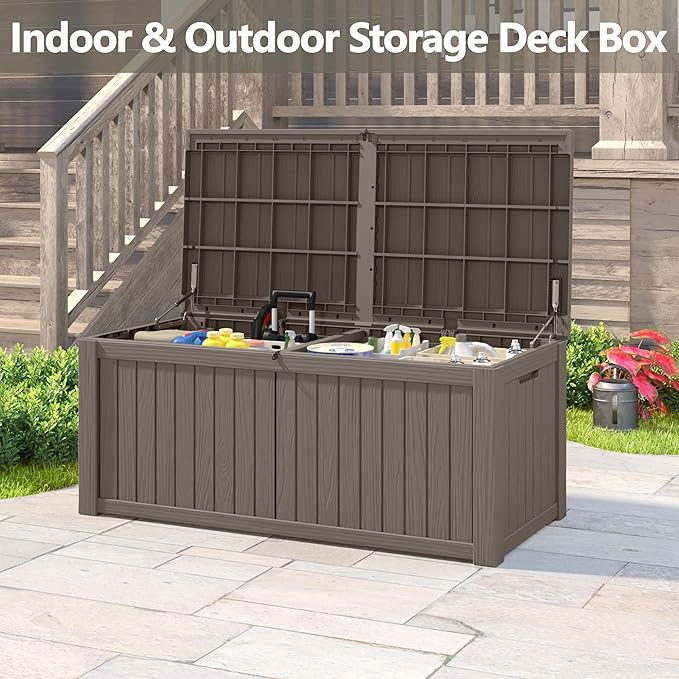 150 Gallon Resin Deck Box, Large Indoor and Outdoor Storage Box, Weatherproof and UV Resistant Outdoor Storage Box with Built-in Steel Beams for Patio, Cushions, Pool Supplies-CasaMuseHome