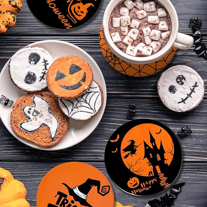 4Pcs Halloween Coasters Orange Black Round Ceramic Coaster Trick or Treat Heat-Resistant Cup Mats for Wooden Table Protection Home Party Supplies-CasaMuseHome