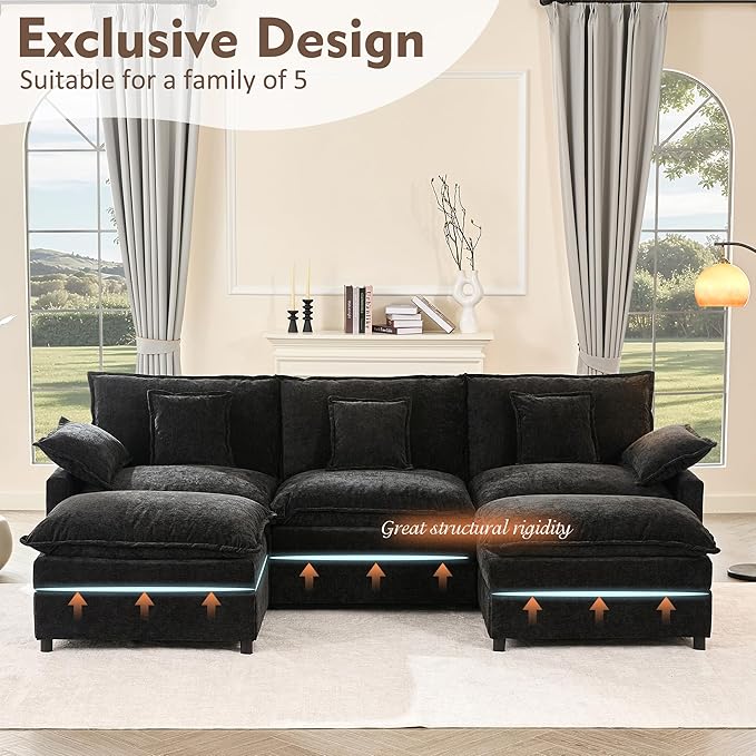 108" U Shaped Couch, Modular Sectional Sofa, 3-Seater Comfy Cloud Couch with Movable Ottoman, Deep Seat Couches for Living Room, Chenille, Black-CasaMuseHome
