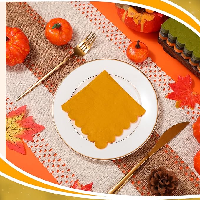 150 Pcs 5 x 5 Inches Fall Thanksgiving Paper Napkins Scalloped Cocktail Napkins Disposable Autumn Harvest Party Supplies Dessert Beverage Bathroom Table Dinner Wedding Decor-CasaMuseHome
