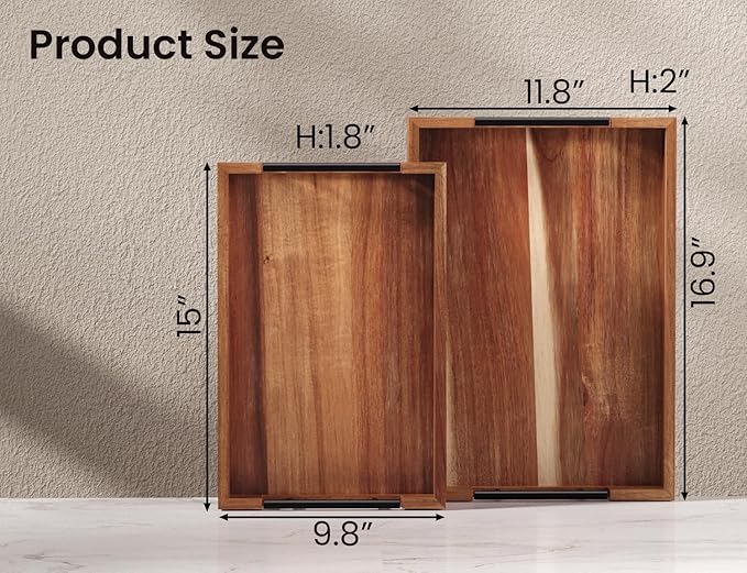 Acacia Wood Set of 2 Serving Tray with Metal Handles,Ottoman Decorative Trays Platter for Coffee Table,Living Room,Bar,Party-CasaMuseHome