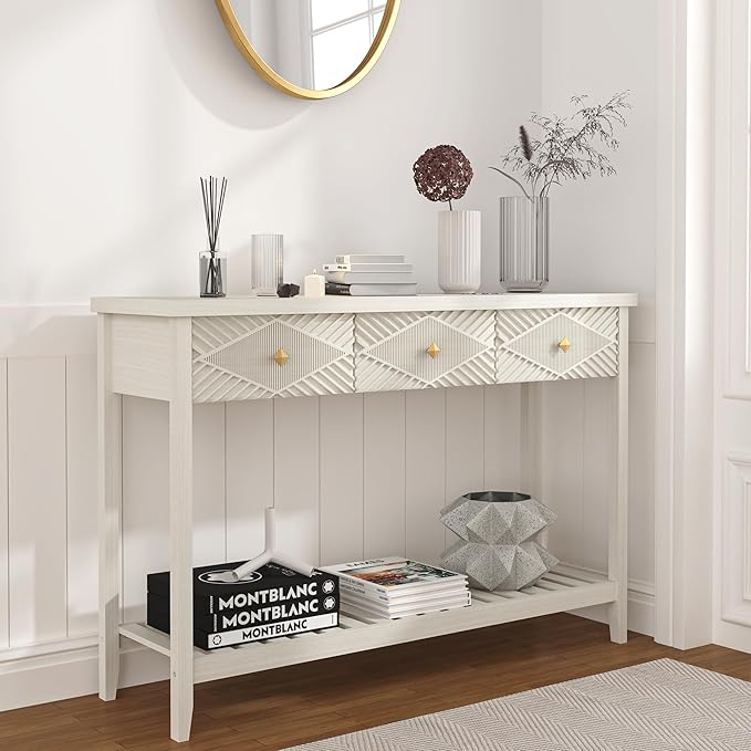 47" Fluted Console Table with 3 Drawers, Narrow Long Entryway Table with Storage Shelf, Sofa Tables for Entryway, Living Room, Behind Couch, Foyer, Hallway, Office (Beige)-CasaMuseHome