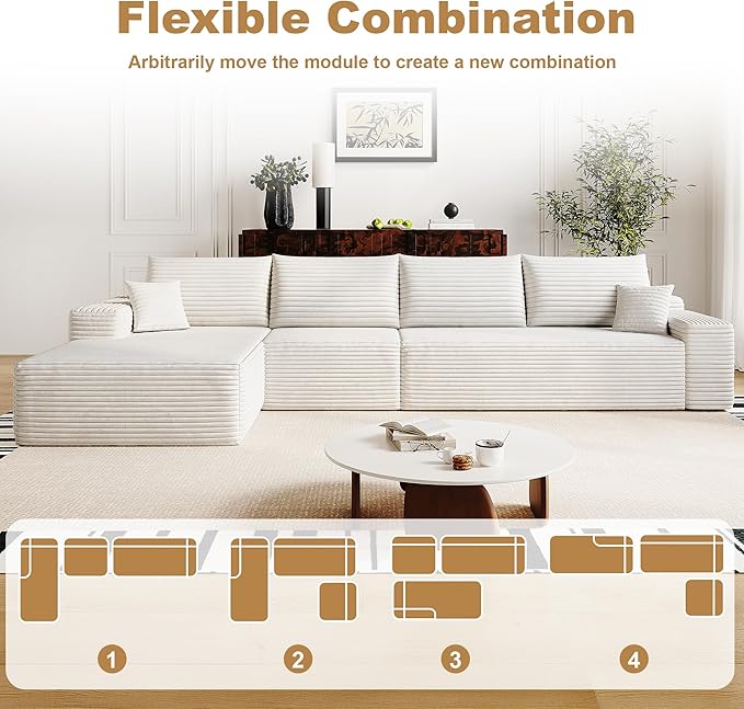 136" Sectional Couches for Living Room Modern Modular Sofa with L-Shape Couchs Upholstered Boneless Couch Deep Seat Sectional Couch with Chaise (White, Left Facing Chaise+3Seaters)-CasaMuseHome