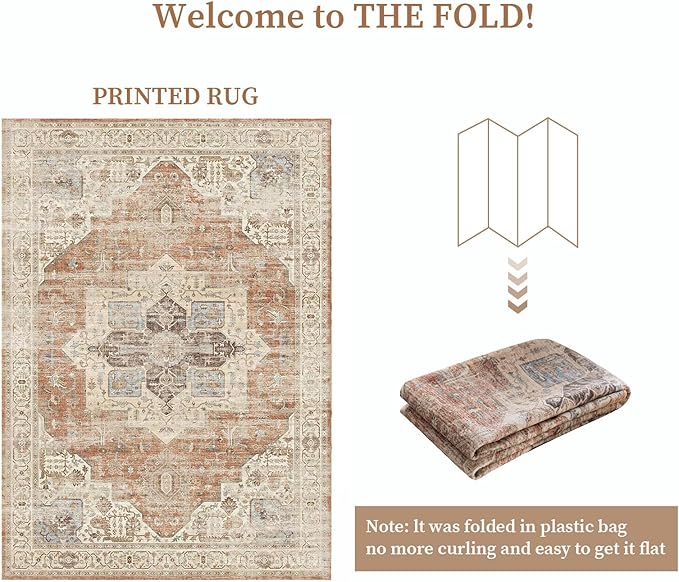 5'x7' Area Rug - Vintage Persian Medallion Design Low-Pile Faux Wool Rug, Non-Slip Backing, Machine Washable, for Living Room, Dining Room, Bedroom (Brick Red)-CasaMuseHome