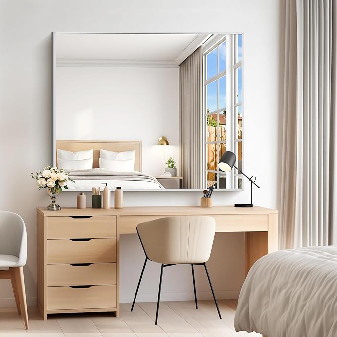 40x48inch Silver Bathroom Mirror, Silver Rectangle Mirror with Frame, Large Rectangular Wall Mirrors for Bathroom, Living Room, Hair Salon, Big Farmhouse Mirror Hang Horizontal/Vertical-CasaMuseHome