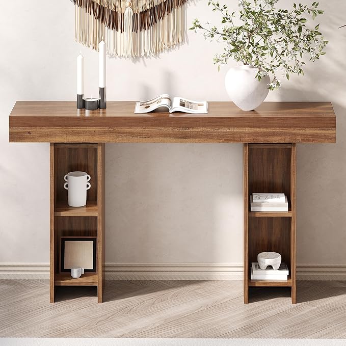 55Inch Farmhouse Console Table,Wooden Rectangular Sofa Table Behind The Couch,Entryway Console Table with Storage for Living Room, Hallway,Entrance (Light Brown)-CasaMuseHome