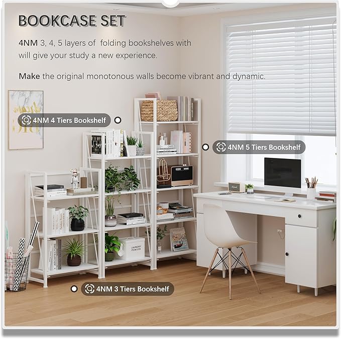 4NM No Assembly Foldable Bookshelf, 5-Shelf Collapsible Bookcase Storage for Small Spaces, 62.2" H, All White-CasaMuseHome