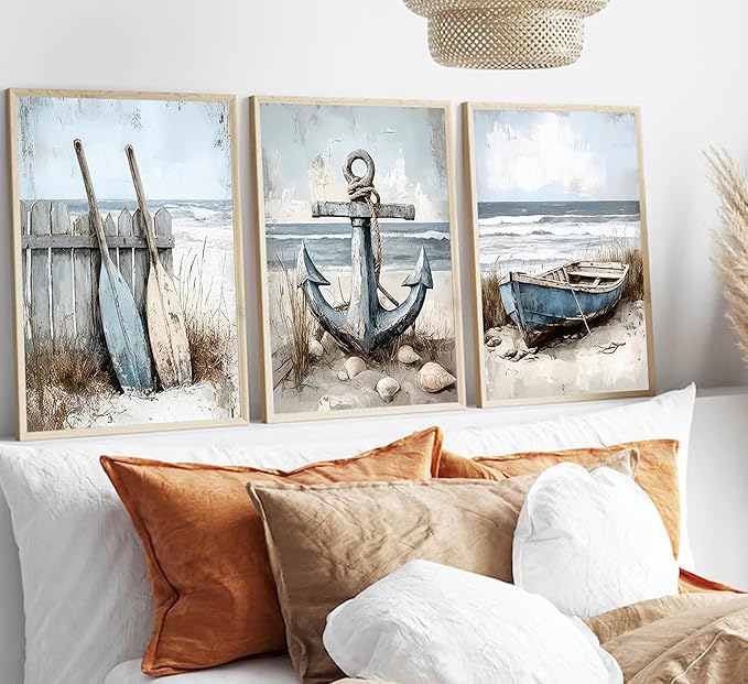 3Pcs Nautical Beach Wall Art Sailboat Paddle and Anchor Paintings Pictures Wall Decor Nautical Coastal Posters Prints Artwork for Living Room Bedroom Home Office Corridor Home Decroation Unframed-CasaMuseHome