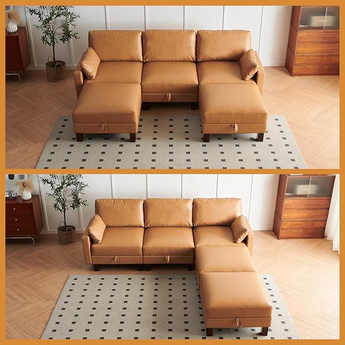 5 Seater Faux Leather Sofa Couch, 98'' L Shape Sectional Couch, Mid Century Modern Decor, Office Sectional Sofa Bed, for House, Apartment, Living Room, Tan-CasaMuseHome