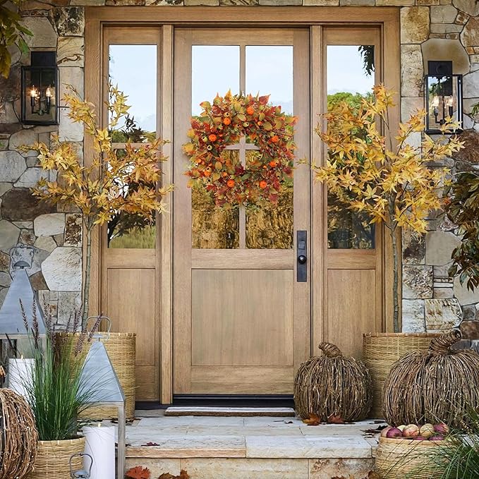 22 inch Artificial Fall Wreaths for Front Door,Autumn Wreath with Pumpkin and Maple Leaves Suitable for Indoor Outdoor Wall Porch Harvest Festival Thanksgiving Day Farmhouse Holiday Decor.-CasaMuseHome