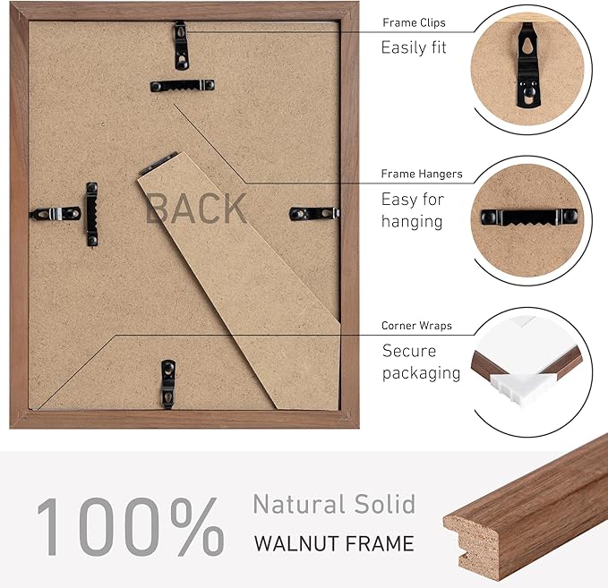 8x10 Picture Frame Natural Solid Walnut Photo Frames with 5x7 Removable Mat Wall Hanging Large Handcrafted Frame with HD Plexiglass Wall and Tabletop Display Large Poster Frame-CasaMuseHome