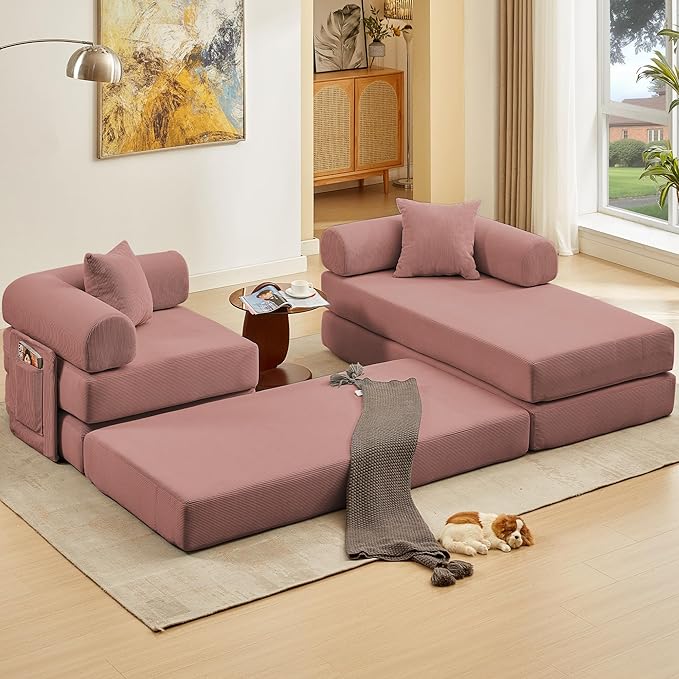 107" Oversized Convertible Sleeper Sofa Bed, Corduroy L Shape Sectional Couch, Folding Sofa Bed with Side Pocket, Modern Cloud Floor Mattress Couch, Modular Sofa for Living Room, Pink-CasaMuseHome