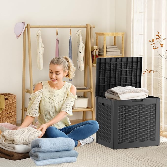 30 Gallon Resin Deck Box, Lockable Patio Outdoor Storage Box for Furniture, Garden Tools and Tools Storage, Waterproof Outside Storage Boxes - Black-CasaMuseHome