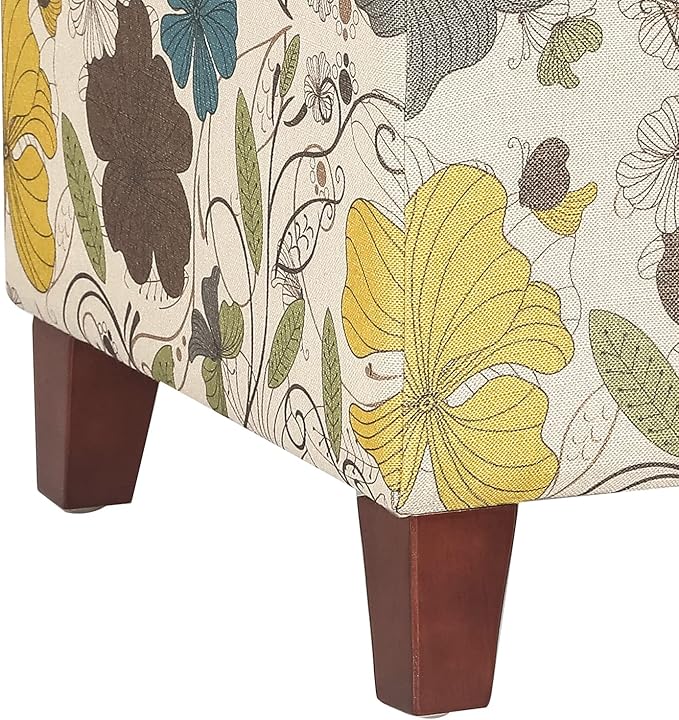 Adeco 18 Inch High Cube Ottoman Storage, Floral Printed Linen Chair Foot Stools, Upholstered Vanity Stool with Hinged Lid, Solid Wood Legs-CasaMuseHome