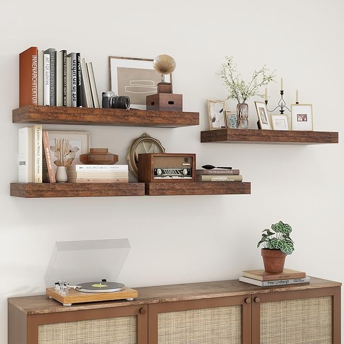 12 Inch Deep Floating Shelves for Wall | 30 Inch Floating Shelves Set of 2 | Rustic Wood Shelves for Living Room Bathroom Laundry Room Bedroom Kitchen Home Office - Rustic Brown-CasaMuseHome