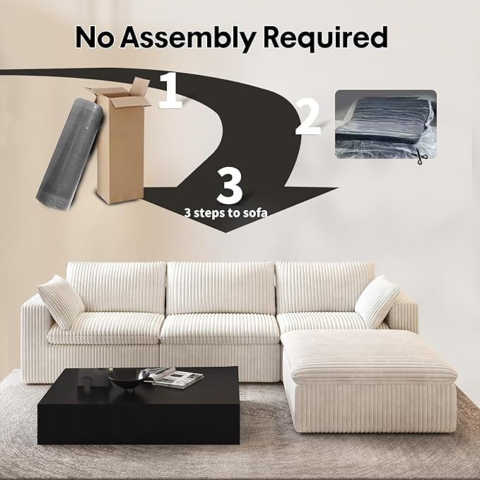 118" L Shaped Modern Sofa Modular Sectional Cloud Couch with Ottoman,Deep Seat Upholstered Couches with Plush Corduroy Fabric for Living Room Furniture,Bedroom and Apartment,No Assembly Required,White-CasaMuseHome
