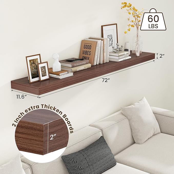 12 Inch Deep Floating Shelves for Wall | 72W x 12D Floating Shelves Set of 1 | Rustic Walnut Long Floating Shelves for Living Room Bathroom Laundry Room Bedroom Kitchen Home Office-CasaMuseHome