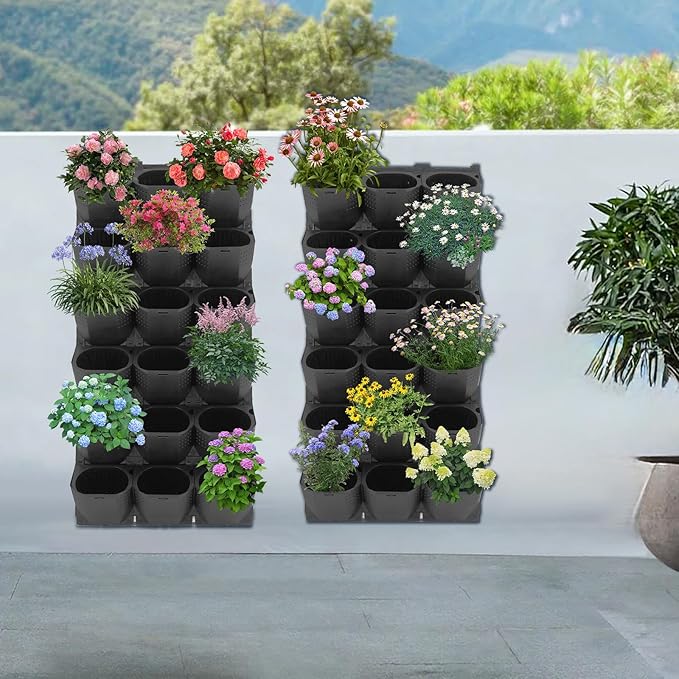 12Pieces 3-Pot Wall Planter Vertical Garden Plant Walls Wall Mounted Vertical Planter with Water-Storage Layer Stackable Wall-Mounted Flower Pot for Gardens, Balconies 180.78lbs Total Capacity (Black)-CasaMuseHome