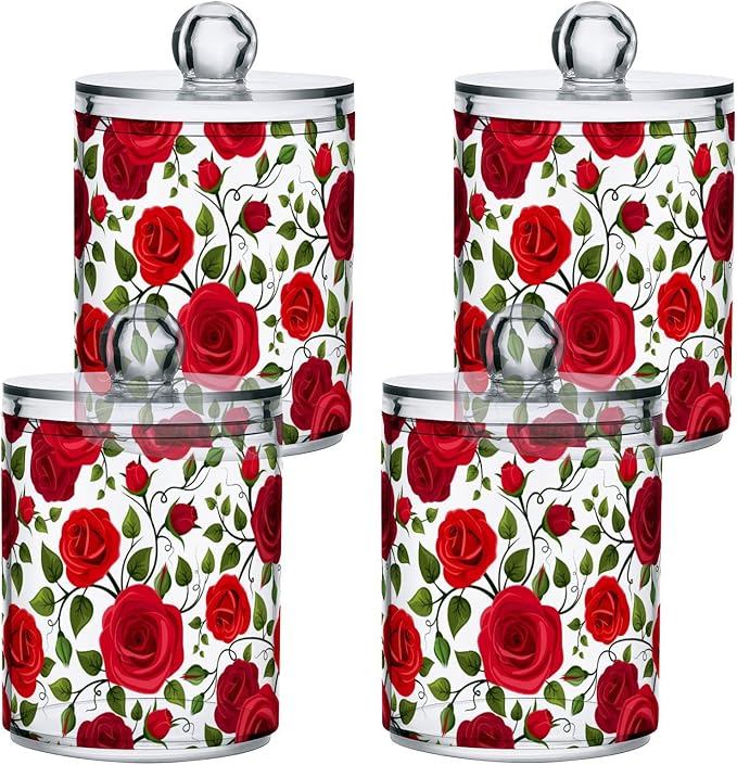 2 Pack Qtip Holder Dispenser Red Rose Flowers Bathroom Storage Canister Lid Acrylic Plastic Apothecary Jar Set Vanity Makeup Organizer for Cotton Swab/Ball/Round Pads, Floss-CasaMuseHome