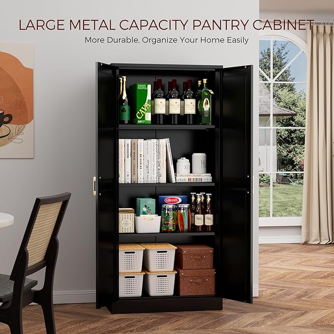 60" Tall Metal Pantry Cabinet, Black Kitchen Pantry Storage Cabinet with Doors and 3 Adjustable Shelves, Cupboard for Kitchen, Dining Room, Living Room, Bathroom-CasaMuseHome