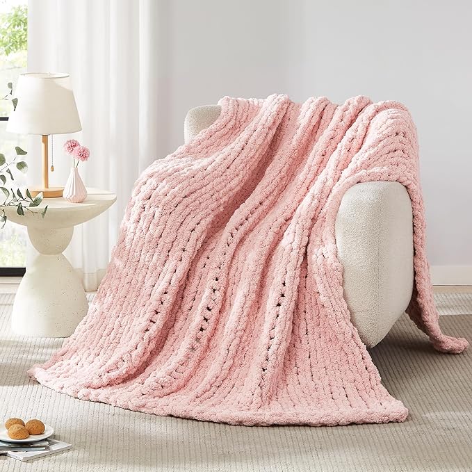 L'AGRATY Chunky Knit Blanket Throw - Soft Chenille Yarn Throw Blanket 40x50: Handmade Thick Cable Knit Crochet Blanke - Large Knit Blanket Chunky Rope Knot Throw Blanket for Couch Sofa Bed Home Decor