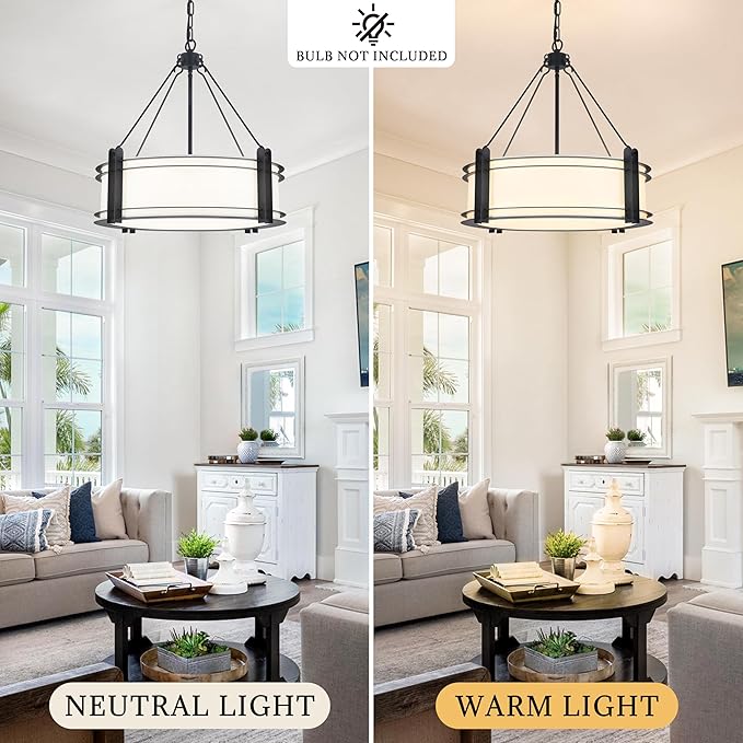 20.4''Drum Chandelier,5-Light Fabric Modern Chandeliers,Black Farmhouse Round Pendant Light Fixture for Dining Room Kitchen Island Living Room Bedroom Hallway-CasaMuseHome