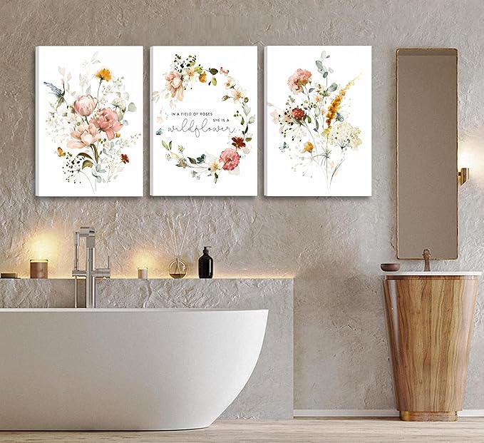 3Pcs Framed Watercolor Flowers Canvas Wall Art In A Field Of Roses She Is A Wildflower Painting Picture Wall Decor Pink wreath Poster Print Artwork for Nursery living room Girls Room Home Decoration-CasaMuseHome