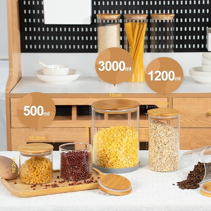 22oz Straight cylindrical Airtight Storage Jars with Bamboo Lid Set of 6 Storage Container Stackable Spice Jar, Kitchen Canister for Sugar, Tea, Cookies and Coffee beans (with Black Lable)-CasaMuseHome