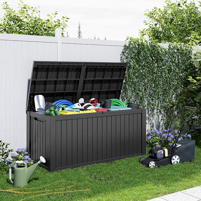 180 Gallon Resin Deck Box, Lockable Patio Outdoor Storage Box for Furniture, Garden Tools and Tools Storage, Waterproof Outside Storage Boxes - Black-CasaMuseHome