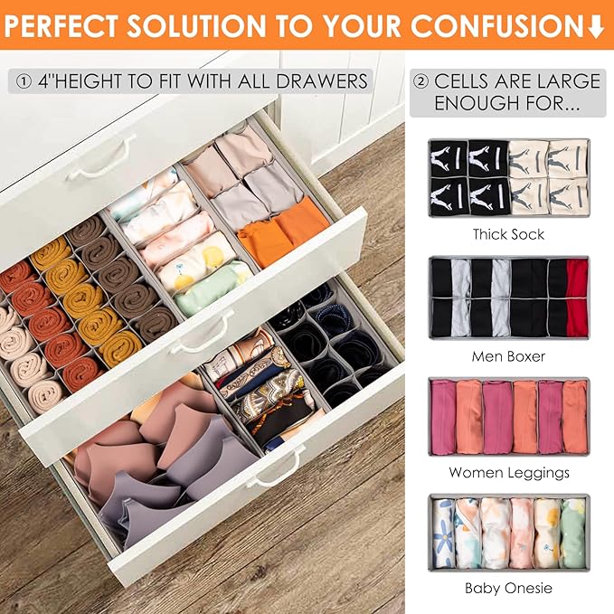 12 Pack Sock Underwear Drawer Organizer Dividers, 116 Cells Fabric Foldable Dresser Closet Organizers and Storage Bins for Baby Clothing, Women Men Underwear Socks, Bra, Ties, Scarf-CasaMuseHome
