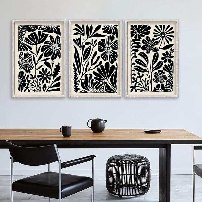 Abstract Floral Botanical Wall Art 16x11 Inch 3 Piece Black Vintage Boho Plant Flower Minimalist Wood Frame Sign Home Living Room Family Office Mid Century Print Wall Hanging Decor (White)-CasaMuseHome