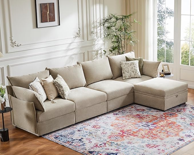 134.6" Modular Sectional Sofa, Oversized 4 Seater Couch with Removable Beige Chenille Fabric Cover, Deep Seat & High Backrest for Living Room, Office & Apartment-CasaMuseHome