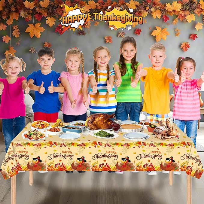 2 Pack Happy Thanksgiving Tablecloth - Fall Thanksgiving Turkey Table cloths, Disposable Plastic Rectangle Autumn Pumpkin Maple Leaf Table Cover for Thanks Giving Tables Decor Party Supplies,108x54In-CasaMuseHome