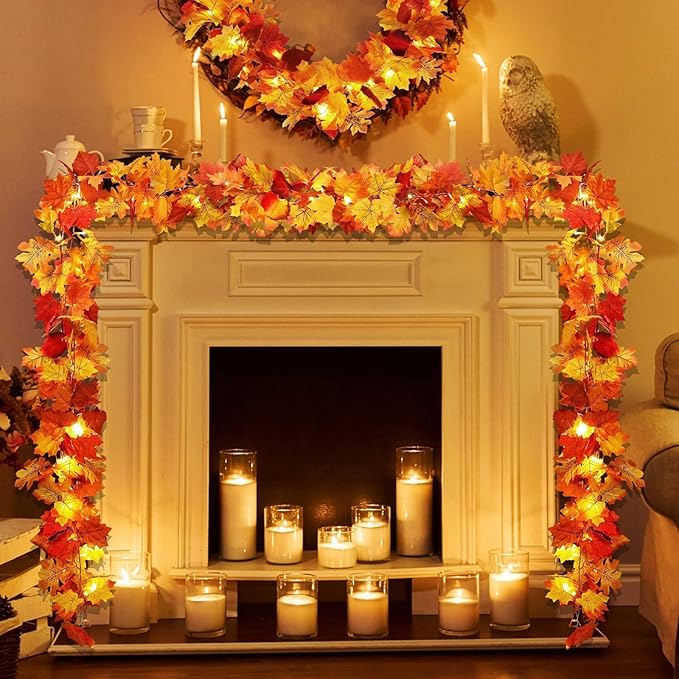 2 Pack Fall Decor Maple Leaves Garland with Lights Battery Operated Fall Thanksgiving Decorations Garland for Home Porch Front Door Table Mantle Outdoor Autumn Harvest Halloween Decor, 11.8Ft 40LED-CasaMuseHome