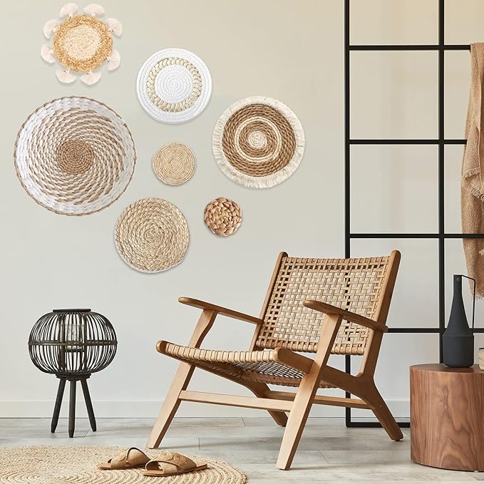 7 Pack Boho Wall Basket Decor - Seagrass Rattan Wicker Wall Decor Round Handmade Hanging Rustic Flat Elegant Wall Art for Farmhouse Living Rooms Bedrooms Display Table Settings Kitchen Home-CasaMuseHome