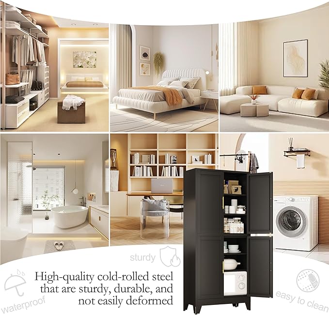 75.2" Tall Metal Pantry Cabinet, Storage Cabinets with 4 Door and 4 Adjustable Shelves, Black Kitchen Pantry Storage Cabinet, Freestanding Cupboard for Kitchen Dining Room Living Room Bathroom-CasaMuseHome