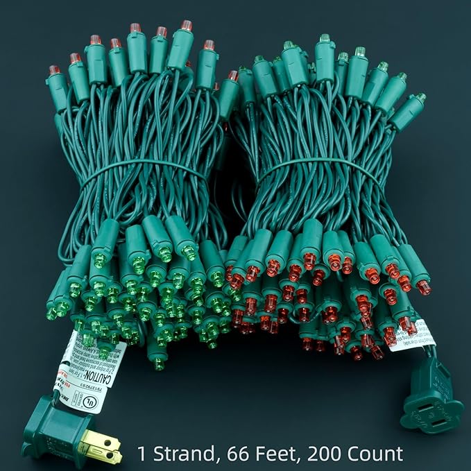 200 Count Red Green Wide Angle LED Christmas Lights, 66 ft Green Wire UL Certified Commercial Grade 5mm Holiday String Light Set (Red & Green)-CasaMuseHome