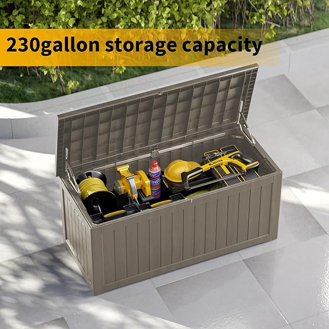 270 Gallon Outdoor Storage Box Waterproof Lockable Resin Deck Box Large, Patio Storage Bin for Pool Accessories Cushion Furniture, Garden Tools, UV-Resistant Outside Delivery Grey-CasaMuseHome