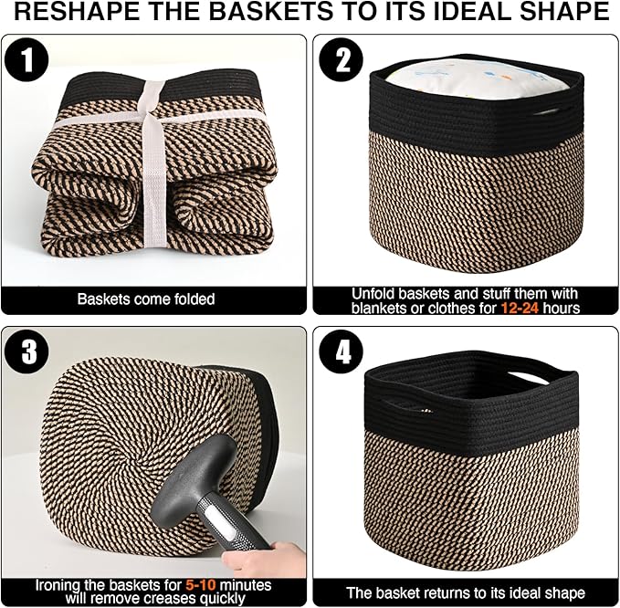 11 Inch Cube Storage Bins, Storage Cube Organizer Bins, Woven Cotton Rope Baskets for Storage, Storage Basket for Organizing Shelves, Square Baskets for Toys Nursery, Black & Jute (Pack of 3)-CasaMuseHome